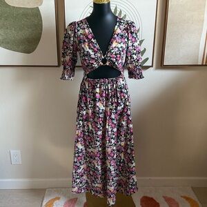 Vintage Floral Women's Cut Out Midi Dress Black and Pink